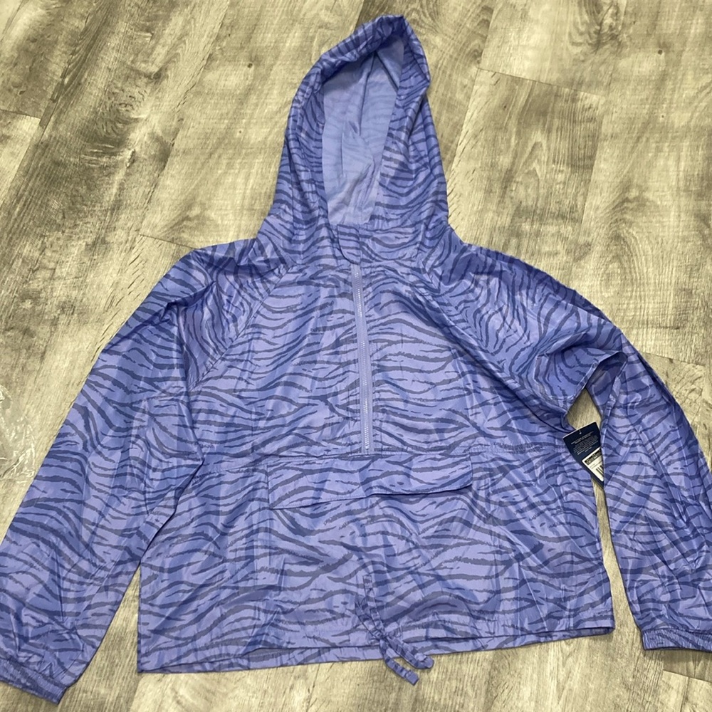 Hooded purple zebra print pull over rain jacket